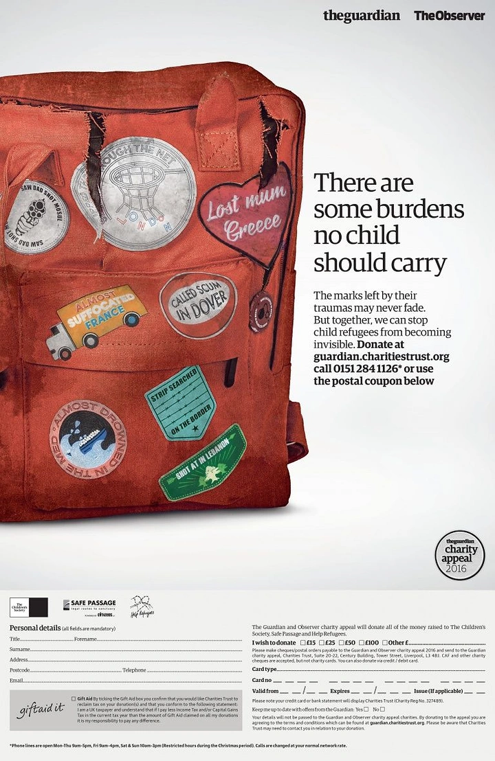 Christmas creative ad: Worn red child's backpack covered in trauma patches