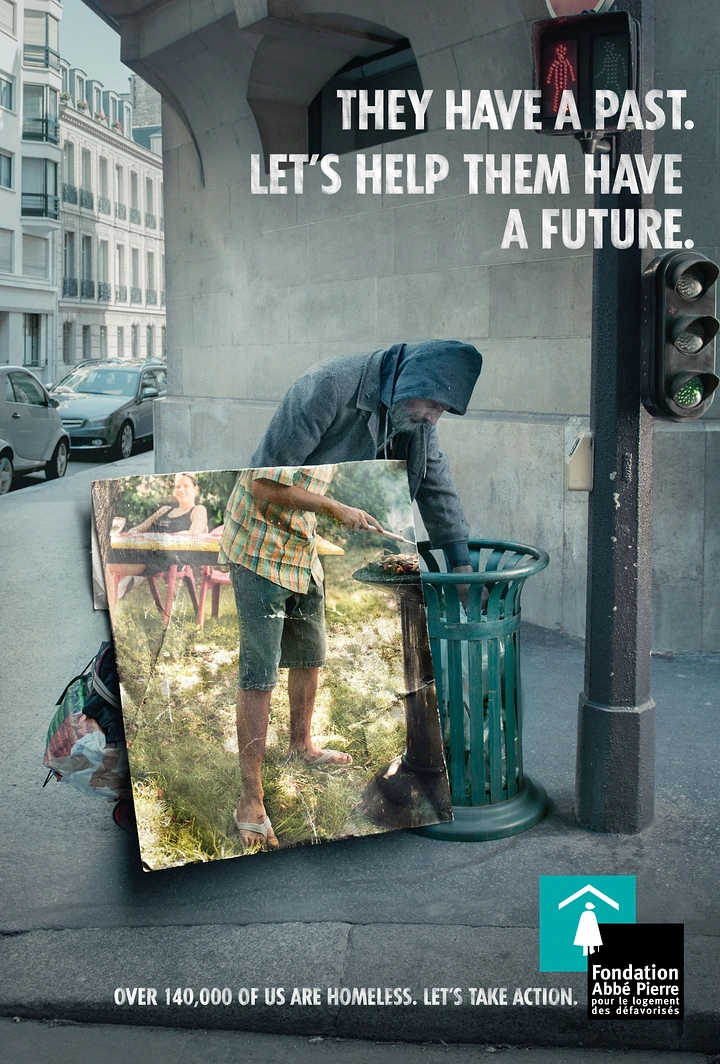 Creative ad: Homeless man at a bin, overlaid with a photo of his past barbecue