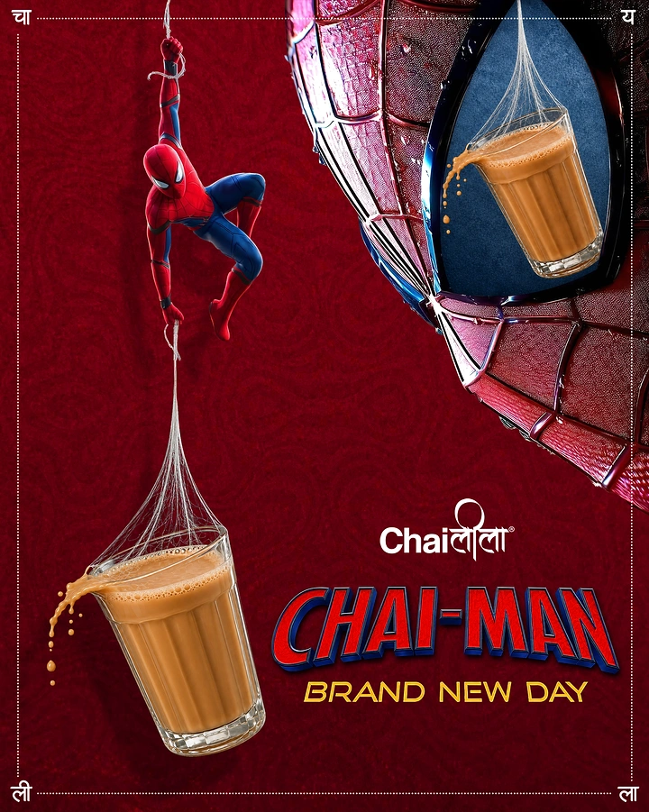 Tea & Chai Brands creative ad: Superhero hanging from web holding a glass of cutting chai