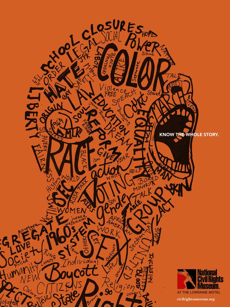 Poster: Open mouth and raised fist formed from dense protest words