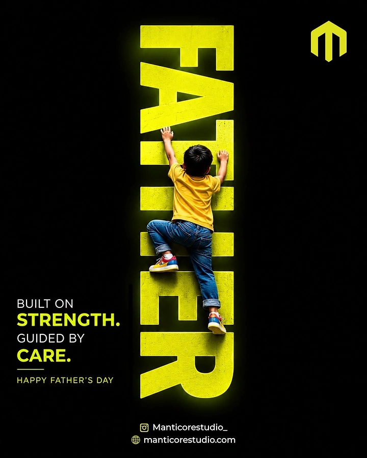 Father's Day creative ad: Child climbing giant glowing letters that spell the word for dad
