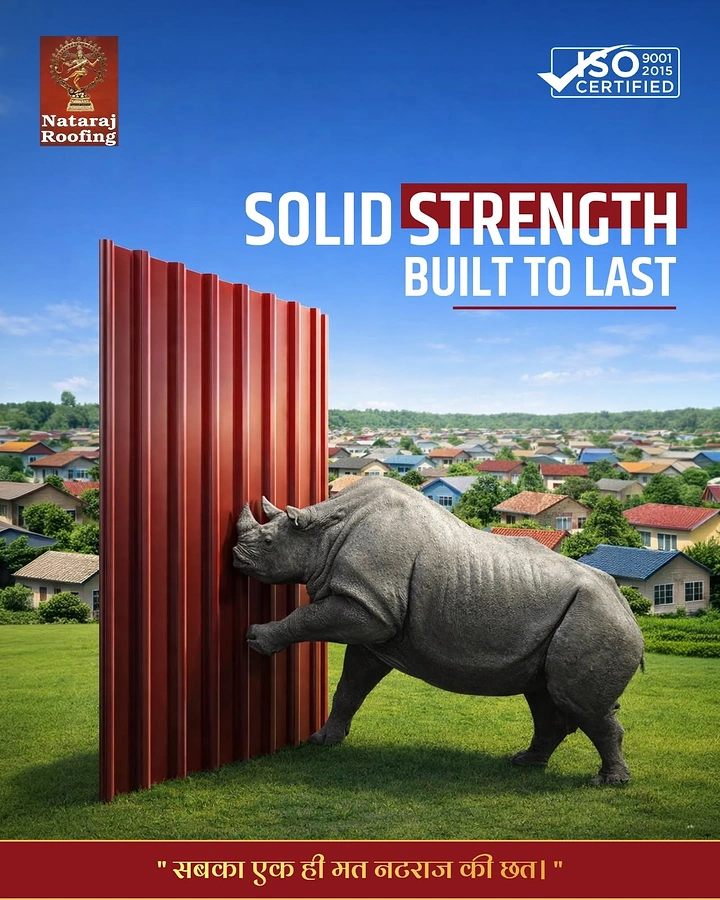 Roofing creative ad: Rhino pushing sheet: strength metaphor