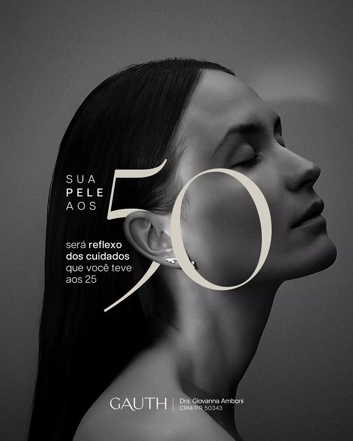 Skin & Cosmetic Clinics creative ad: Black-and-white profile of woman with oversized 50 numeral