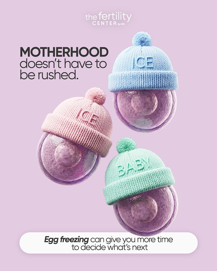 IVF & Fertility Clinics creative ad: 3D egg cells wearing knitted beanies labeled ICE and BABY