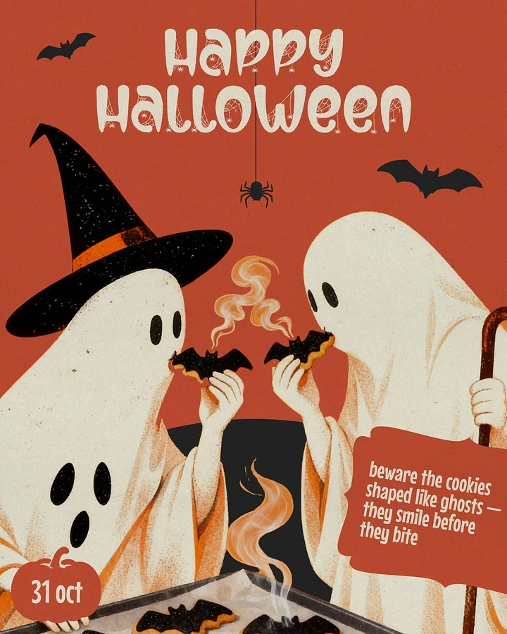 Halloween creative ad: Two sheet ghosts eating bat-shaped cookies