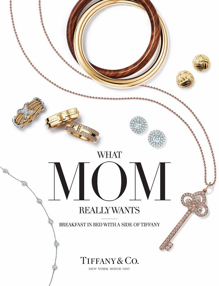 Mother's Day creative ad: Flat-lay of fine jewellery pieces around a central headline