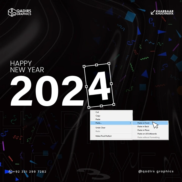 New Year creative ad: 2024 numerals with the final 4 selected in a design-software bounding box