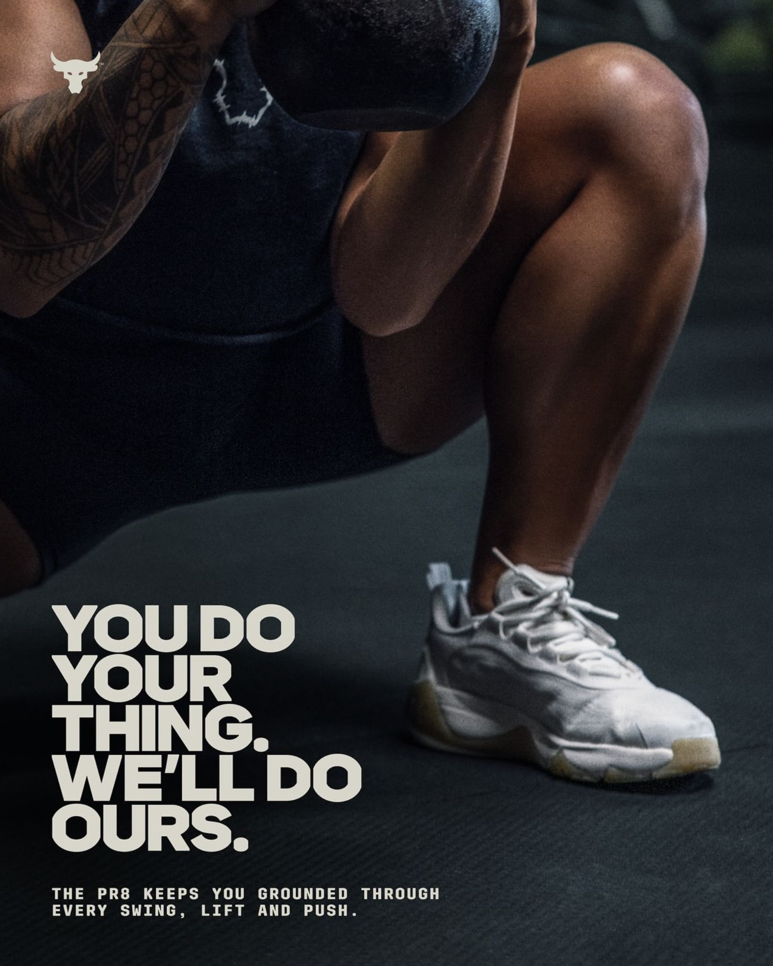 Instagram post: Close crop of athlete in deep squat with kettlebell, white training shoe