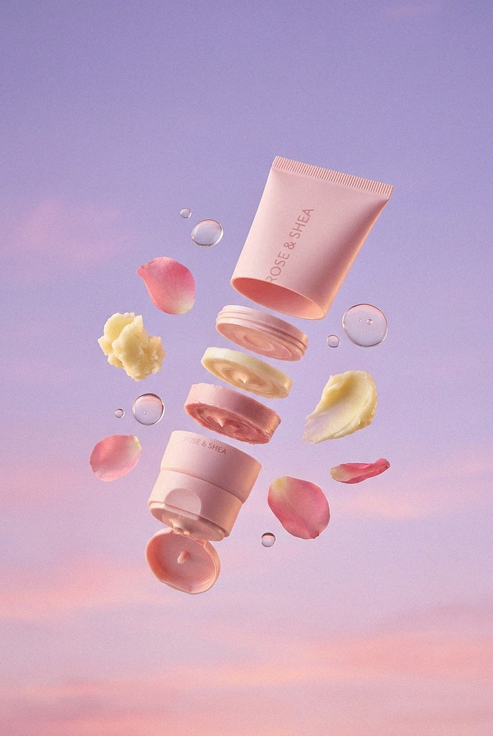 Creative ad: Exploded floating hand cream tube with rose petals and shea butter in a pastel sky