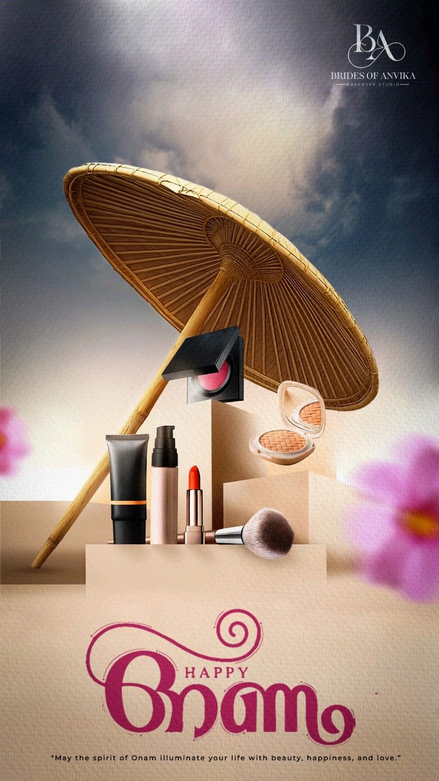 Makeup products on beige podiums under a traditional palm-leaf umbrella