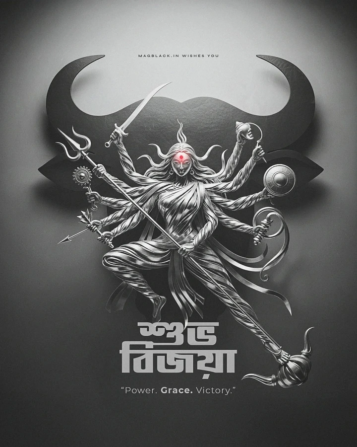 Durga Puja creative ad: Silver sculpted ten-armed goddess slaying pose over buffalo-horn silhouette