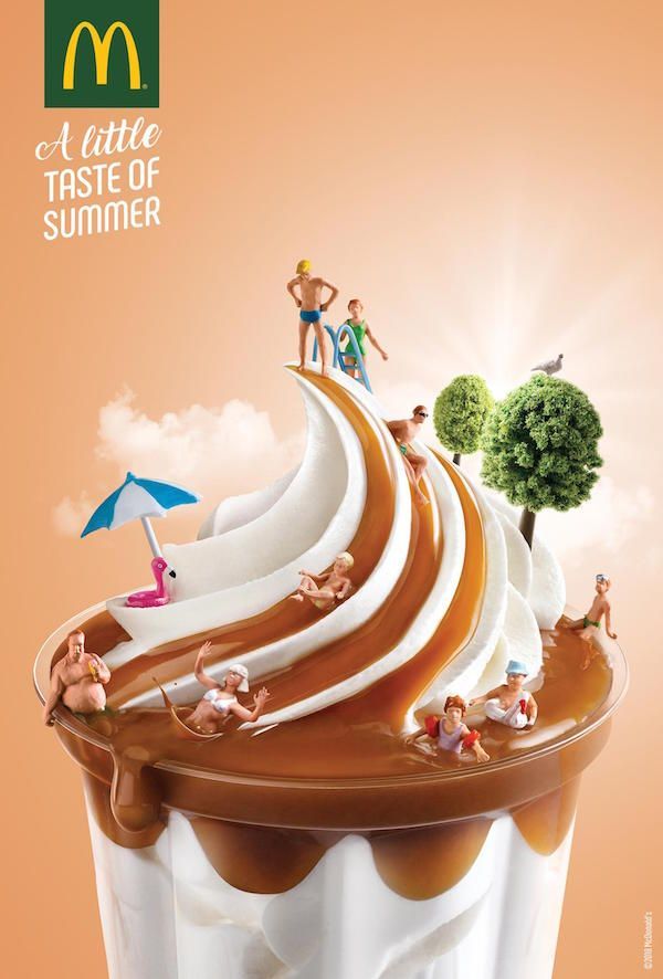 Poster: Caramel sundae turned into a miniature pool scene with tiny bathers