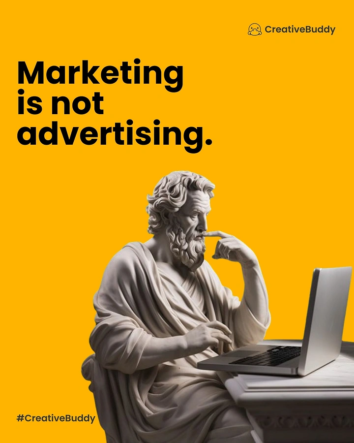 Agency creative ad: Thinker statue on laptop: marketing is thinking