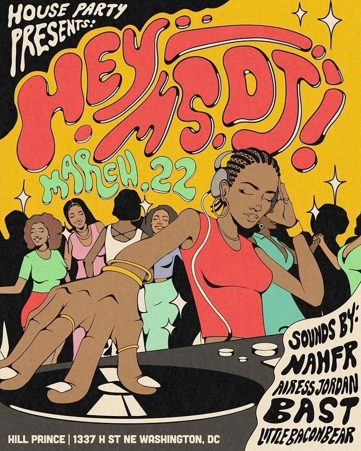 Creative ad: Illustrated female DJ scratching a record with a dancing crowd behind her