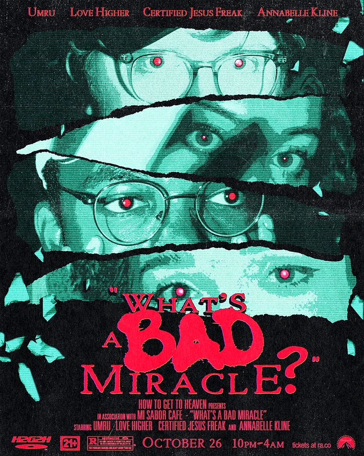Halloween creative ad: Torn-strip collage of four duotone faces with glowing red eyes