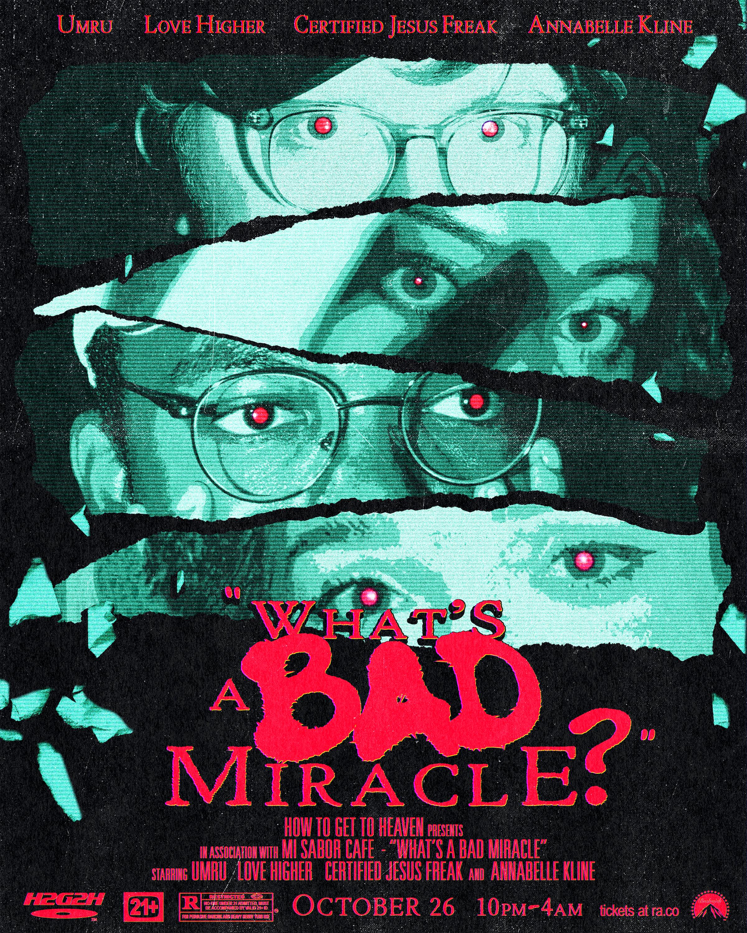 Halloween Poster: Torn-strip collage of four duotone faces with glowing red eyes