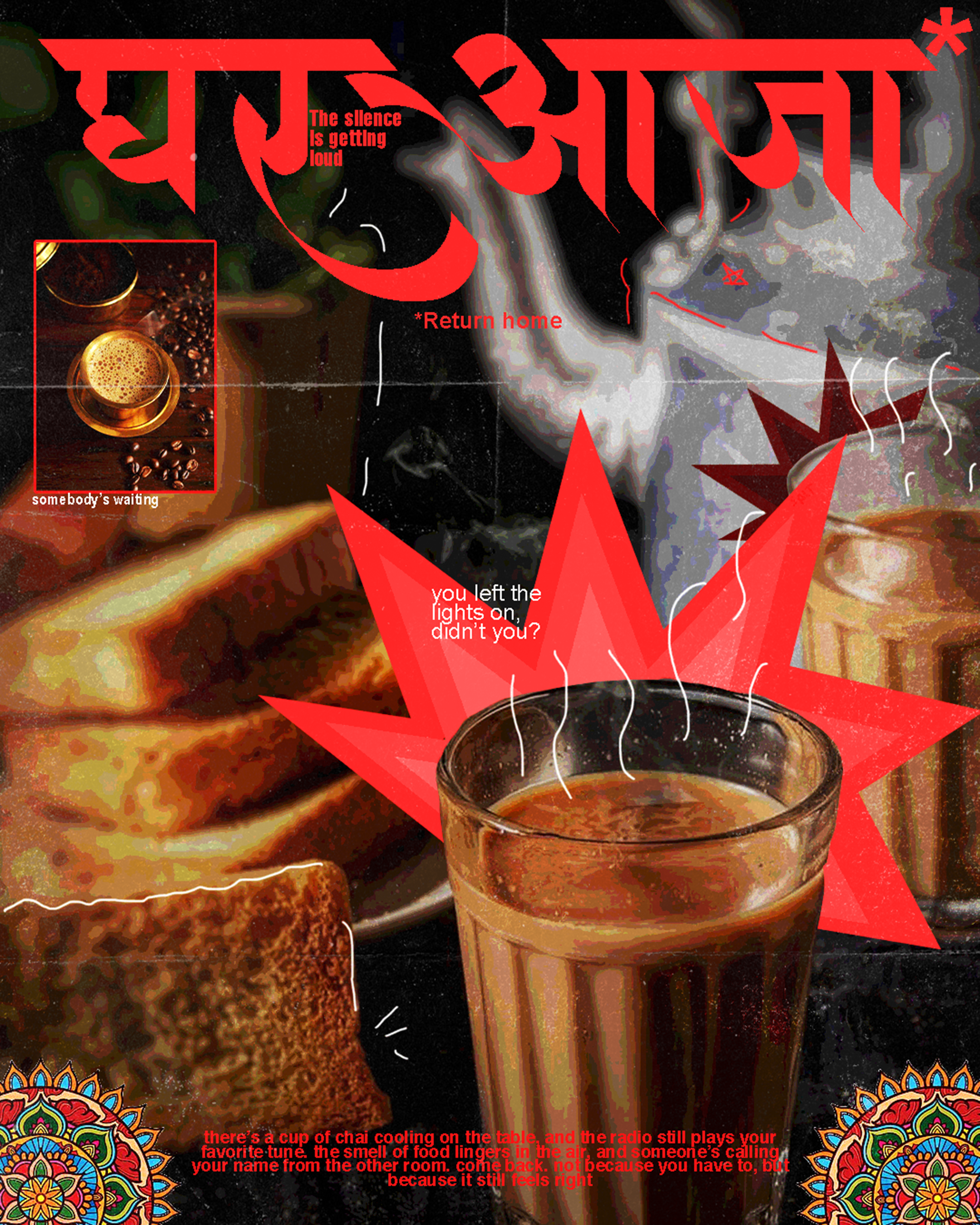 Diwali Instagram post: Glass of cutting chai in front of a red starburst in a gritty photo collage