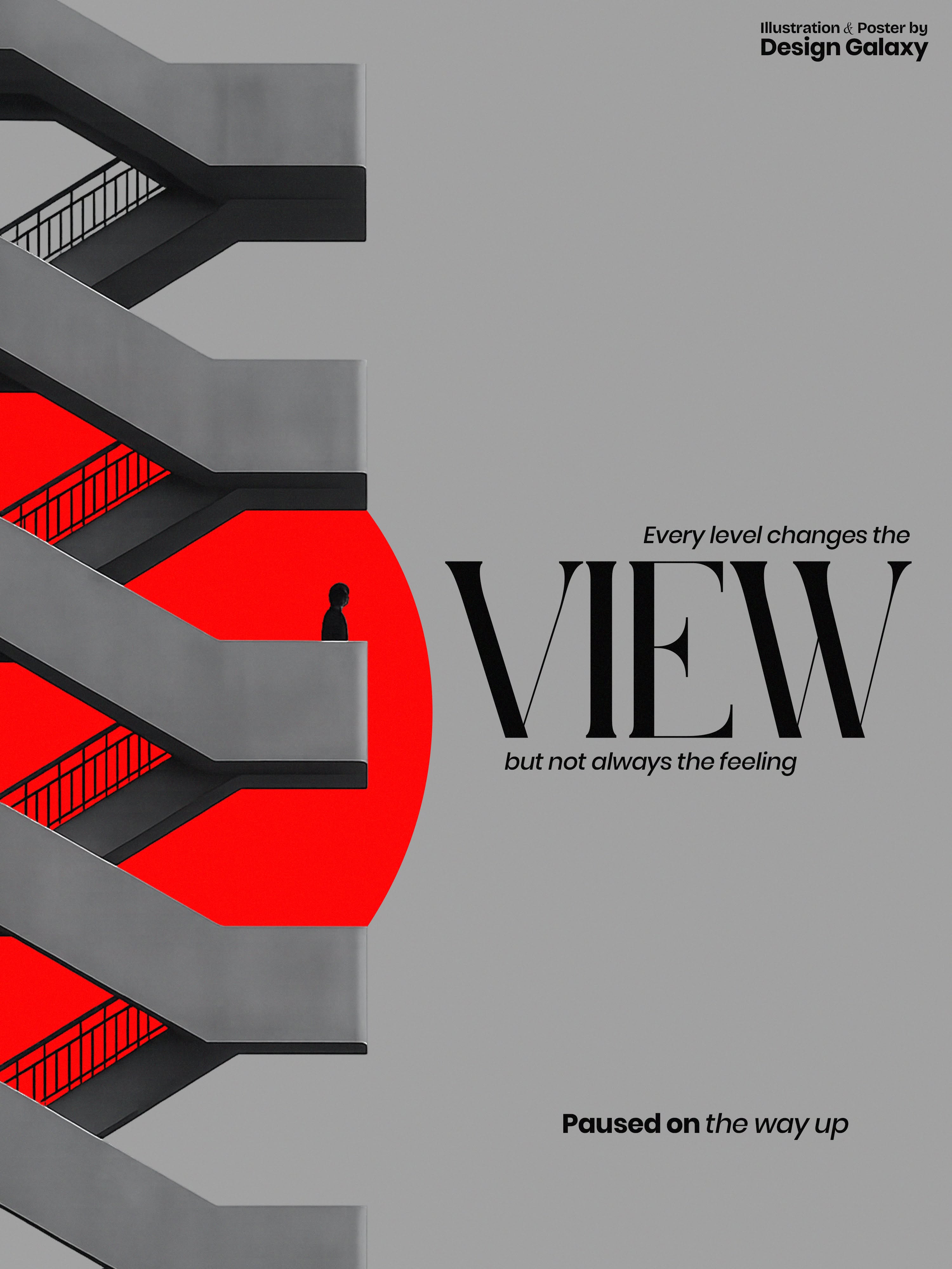 Poster: Zigzag concrete stairwell with lone figure against red sun disc