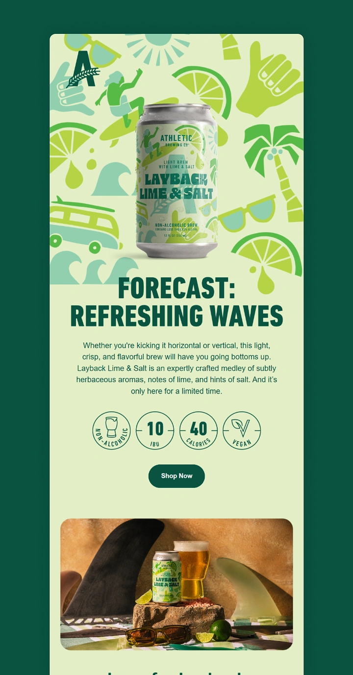 Creative ad: Non-alcoholic lime and salt beer can over a flat surf-themed icon pattern