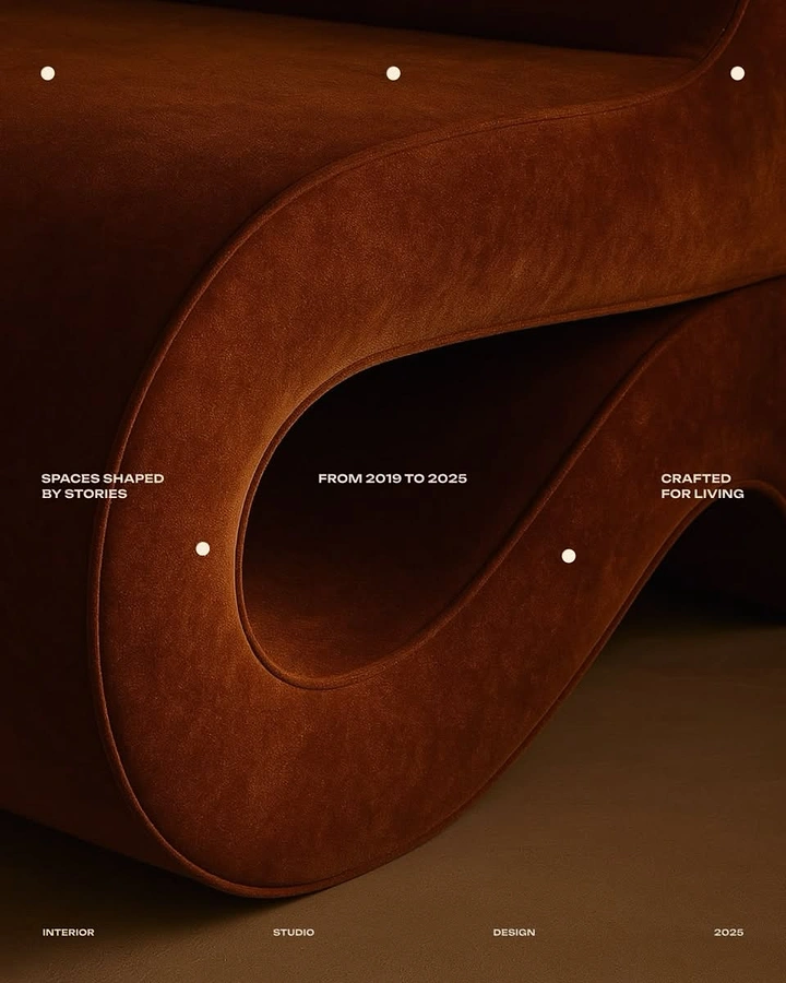 Furniture creative ad: Close-up of a sculptural rust velvet curved sofa