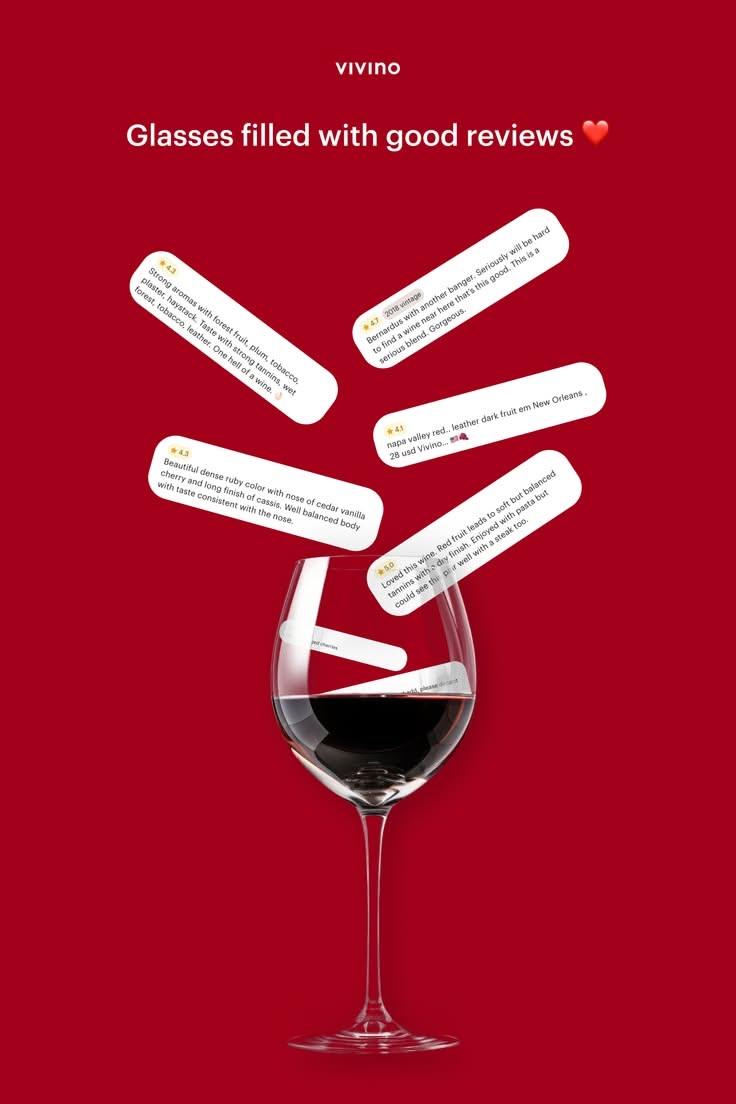Instagram post: Review cards pouring down into a glass of red wine