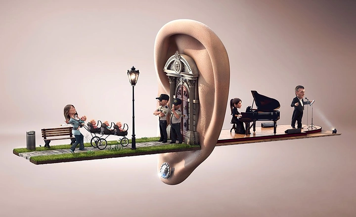 Hearing Aids creative ad: Miniature world stages sounds inside ear