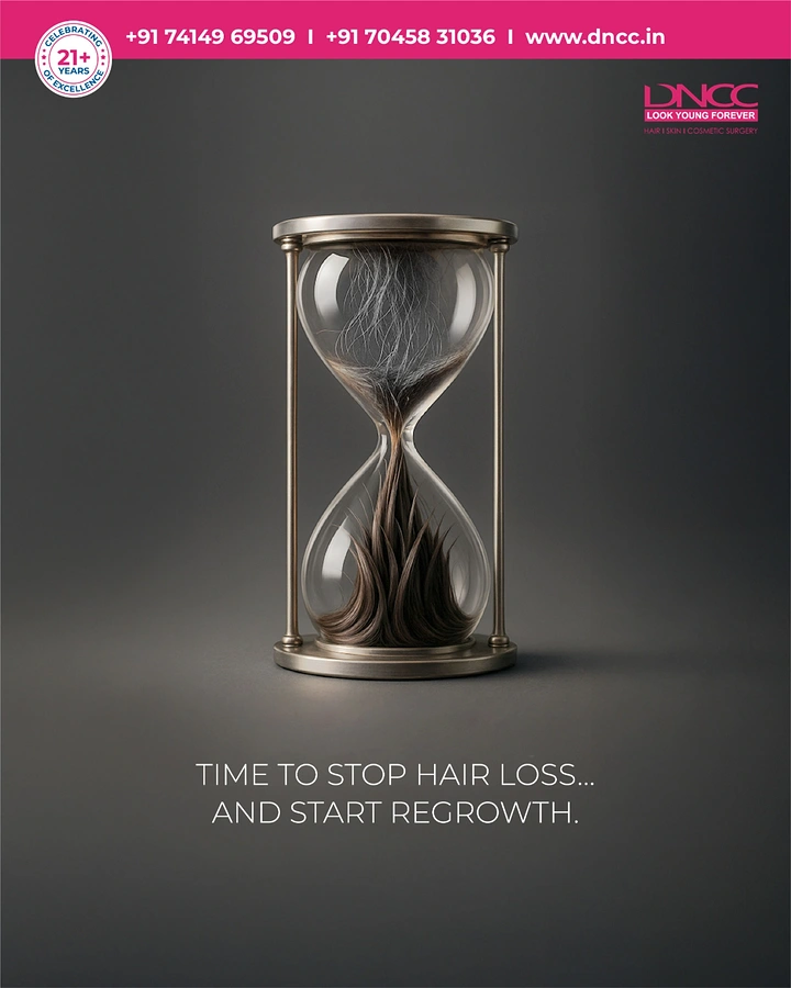 Hair Transplant & Hair Clinics creative ad: Hourglass filled with hair, time metaphor