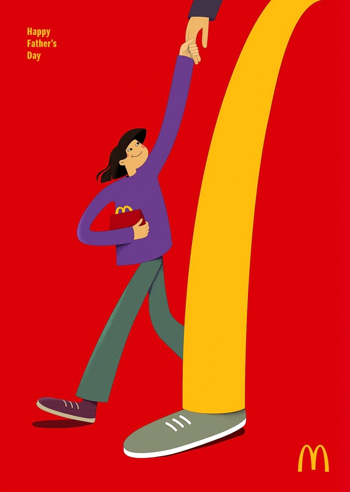 Father's Day creative ad: Child holding a giant dad's hand, dad's leg forming a golden arch