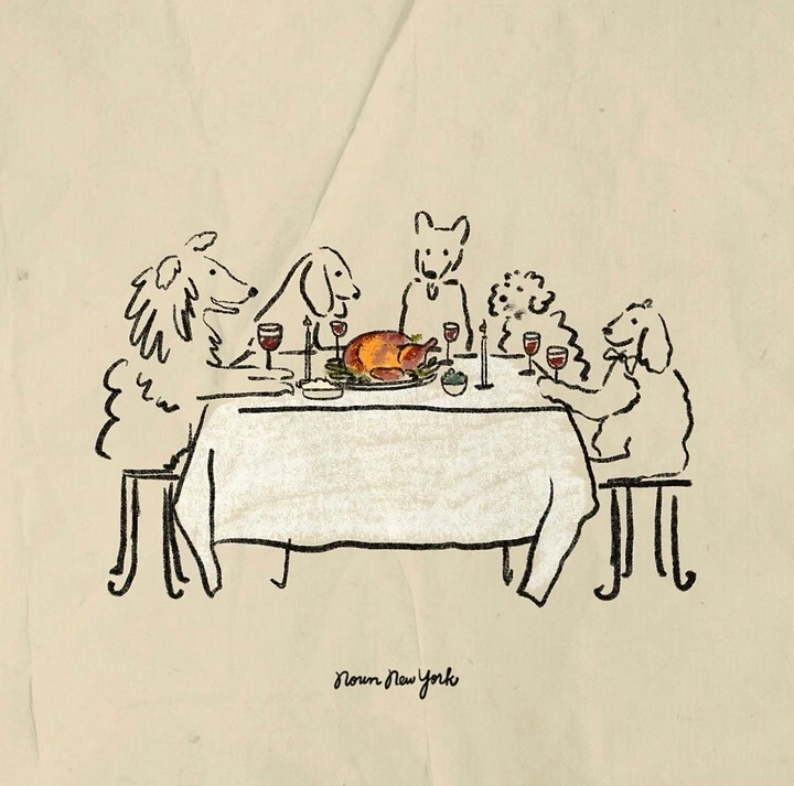Thanksgiving creative ad: Line-drawn dogs sharing a Thanksgiving turkey dinner