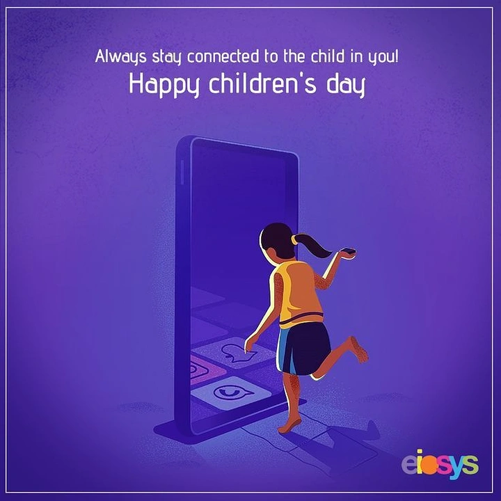 Children's Day creative ad: Girl playing hopscotch from app icons into a smartphone