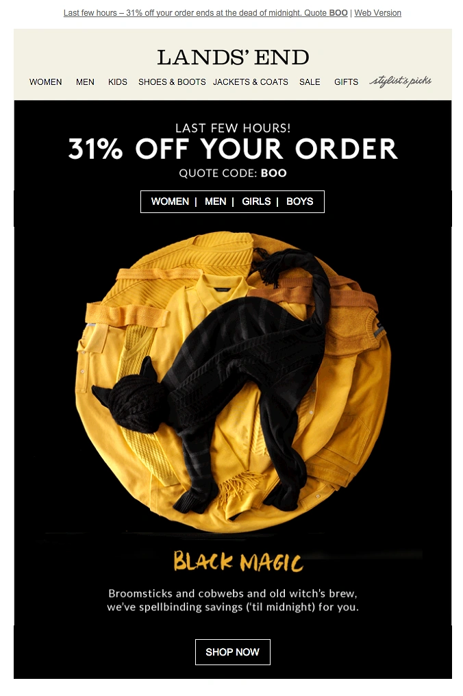 Halloween creative ad: Black clothing arranged as an arched cat over a yellow garment moon