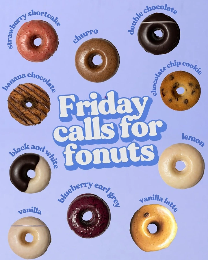 Donut Shops creative ad: Playful donut constellation frames Friday message
