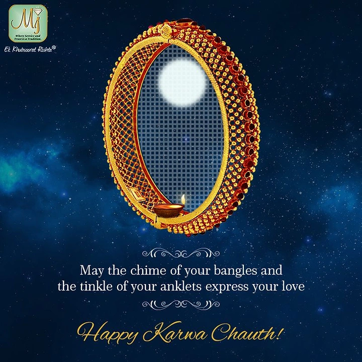 Karwa Chauth creative ad: Gold beaded bangle framing a moon behind sieve mesh, with a lit diya