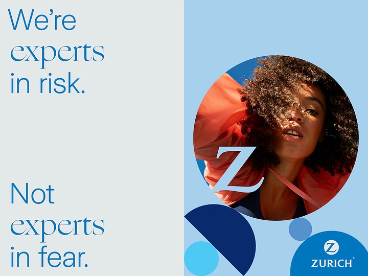 Creative ad: Curly-haired woman in orange jacket inside a circular crop