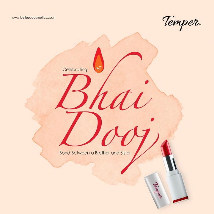 Bhai Dooj creative ad: Red calligraphic Bhai Dooj with a red lipstick product