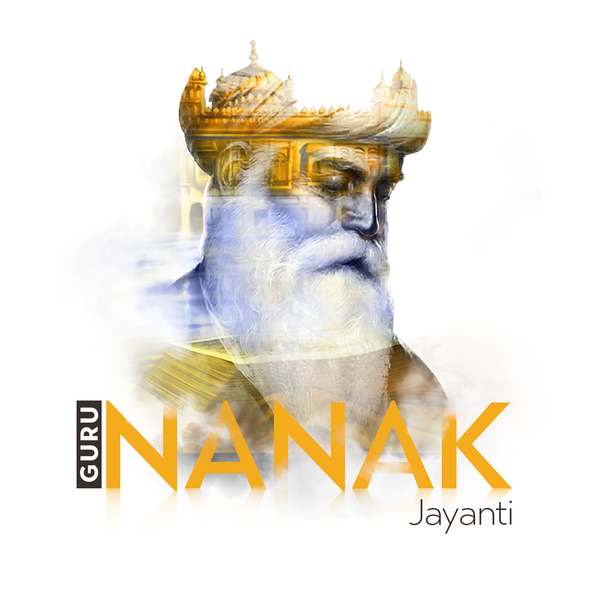 Painted Guru Nanak portrait double-exposed with the Golden Temple