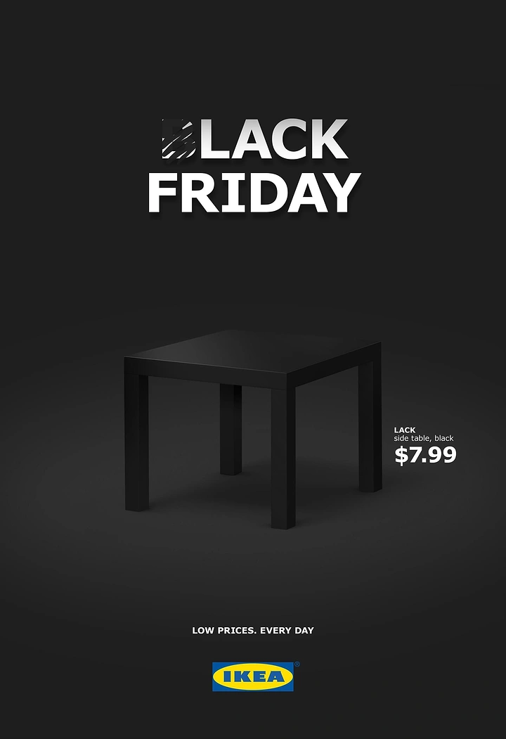 Black Friday creative ad: Single black side table on a dark background