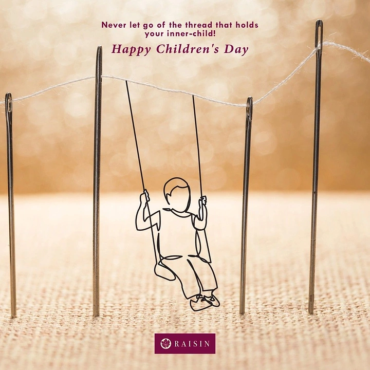 Children's Day creative ad: Line-drawn child on a swing hung from thread strung between needles