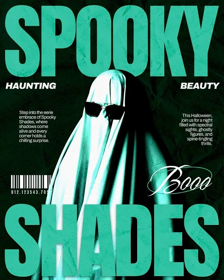 Halloween creative ad: Person in white ghost sheet wearing black sunglasses