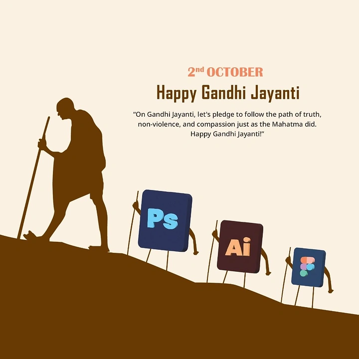 Gandhi Jayanti creative ad: Gandhi silhouette leading design-app icons uphill