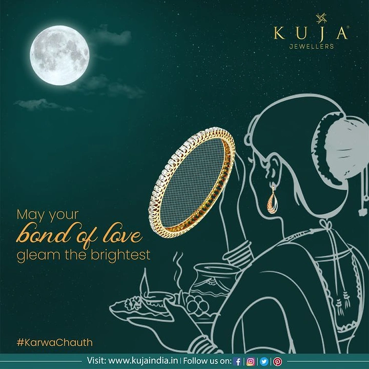 Karwa Chauth creative ad: Line-art woman looking at the moon through a diamond bangle used as a sieve