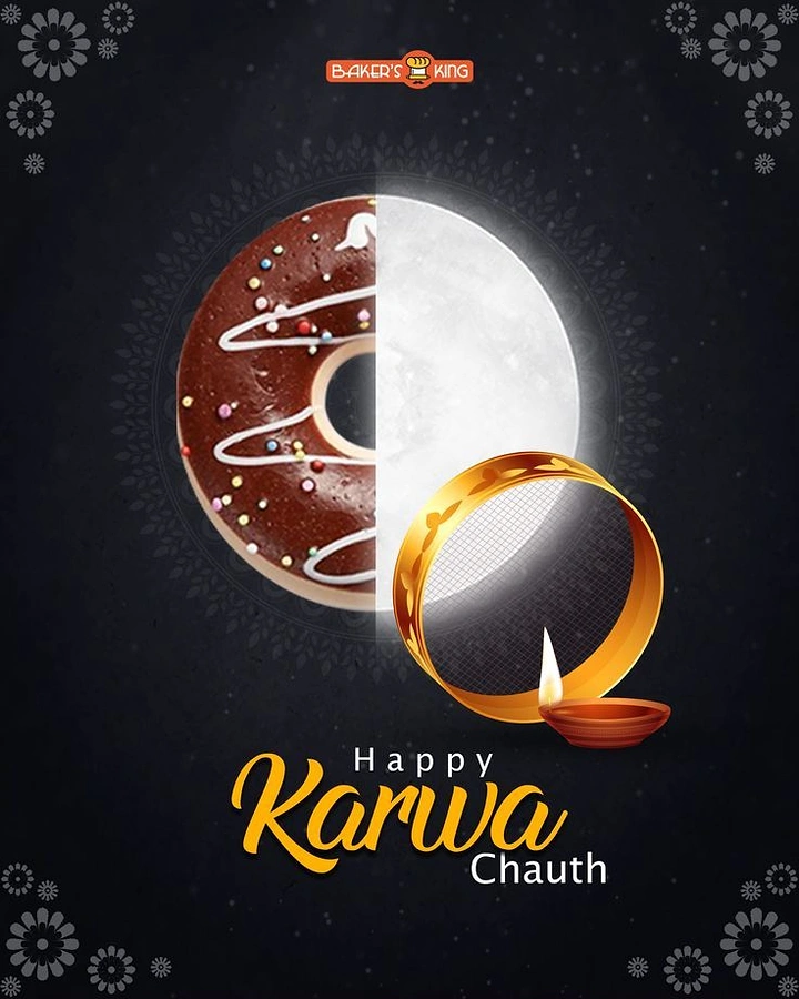 Karwa Chauth creative ad: Split circle, half chocolate donut and half full moon, with gold sieve