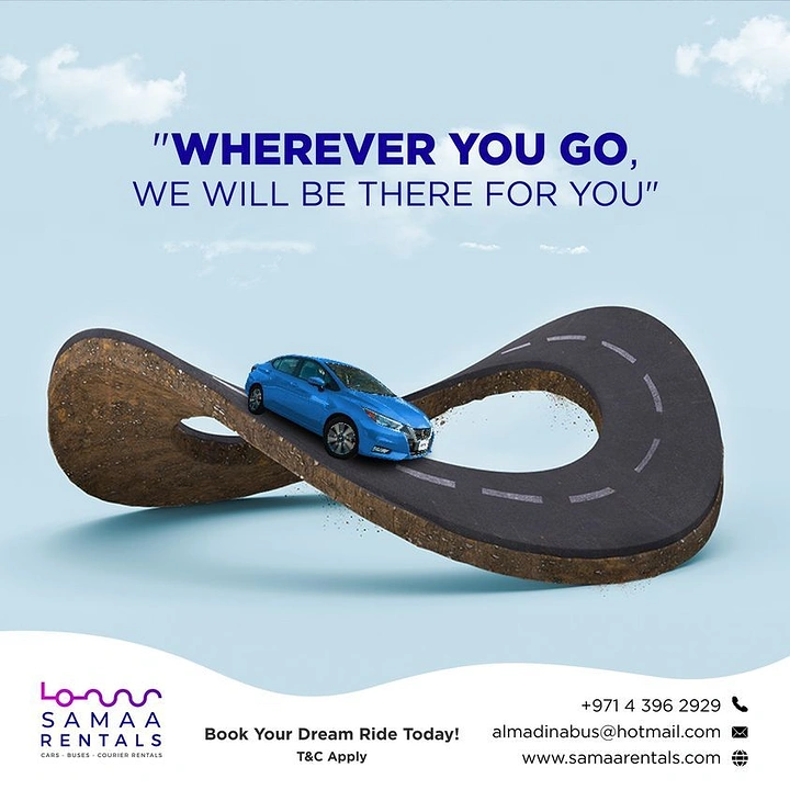 Car Rental creative ad: Infinity-loop road: go anywhere metaphor