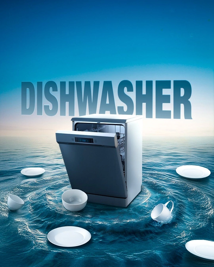 Home Appliances creative ad: Dishwasher afloat in sea of dishes