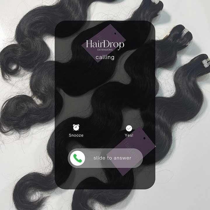 Wigs & Hair Extensions creative ad: Jet-black body-wave hair bundles under a phone incoming-call overlay