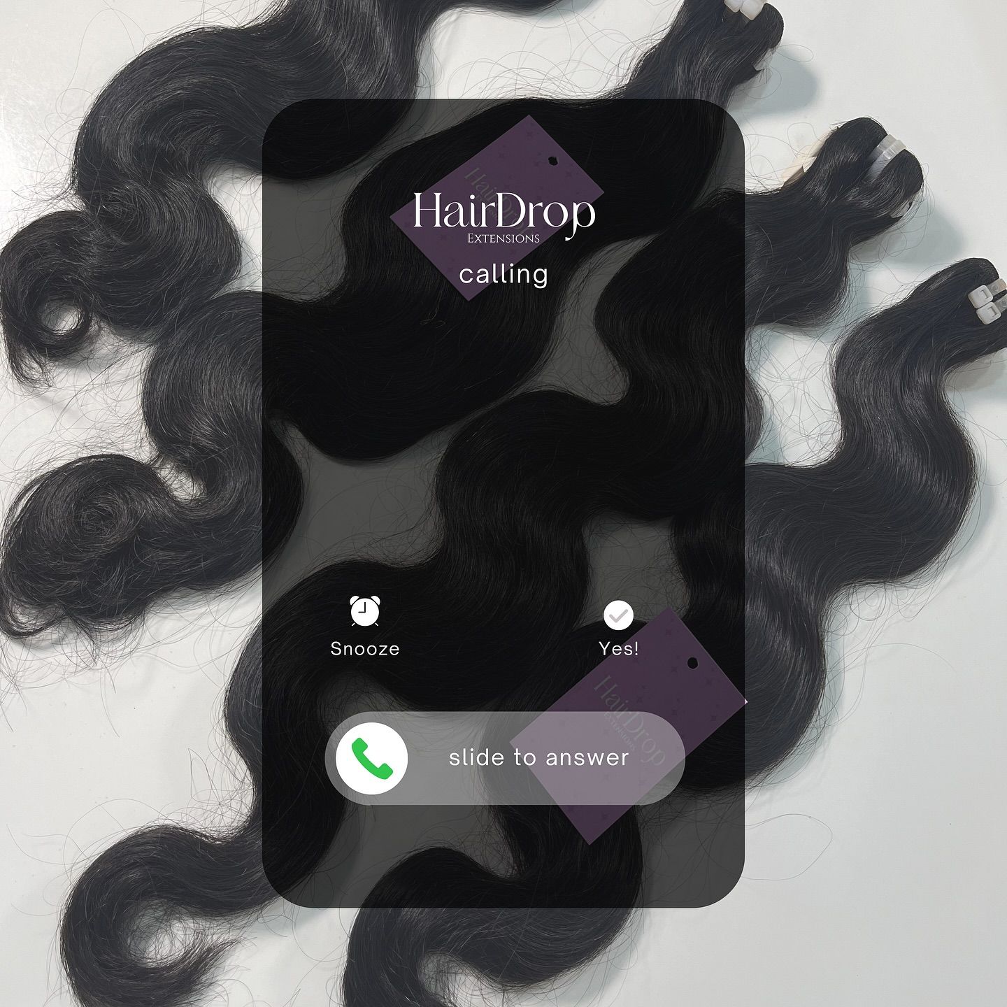 Instagram post: Jet-black body-wave hair bundles under a phone incoming-call overlay