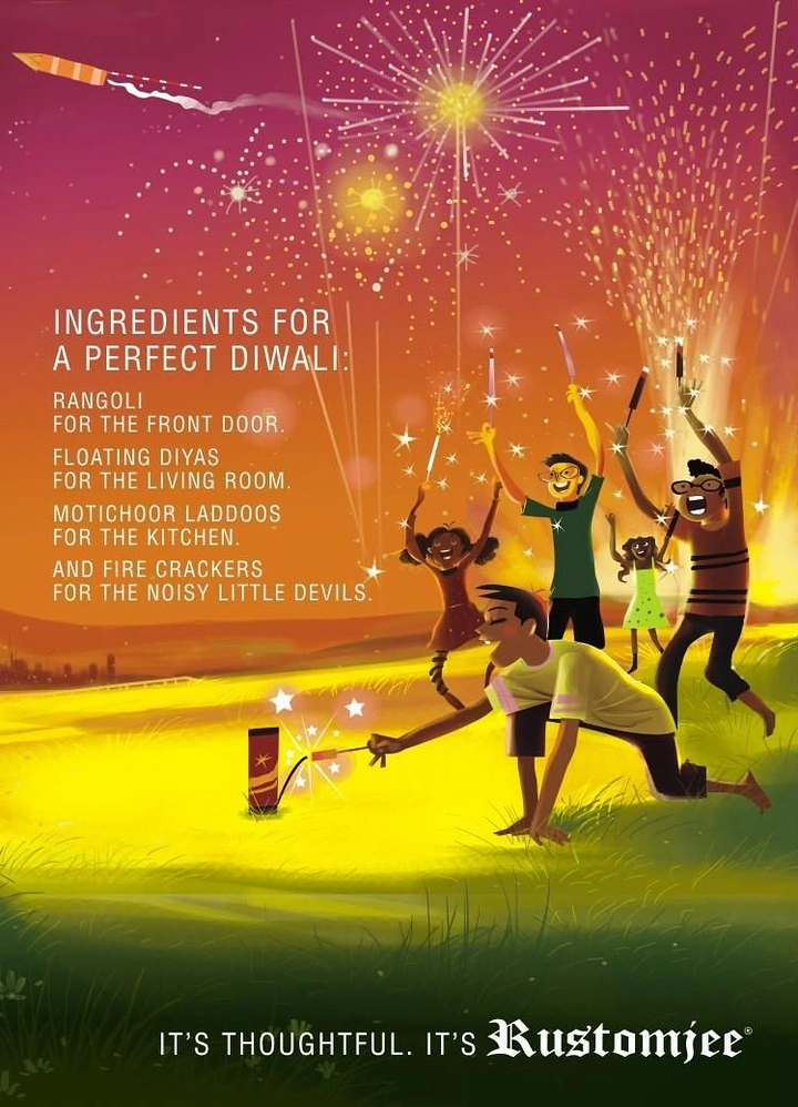 Diwali creative ad: Family of kids and adults bursting crackers on a glowing lawn