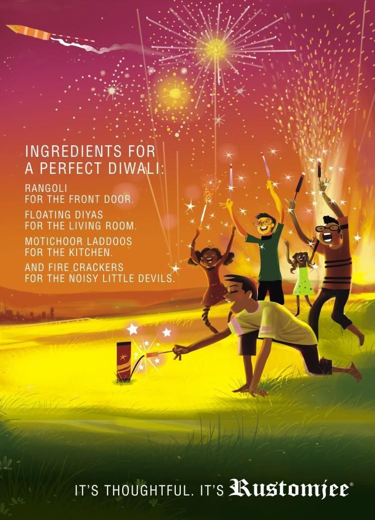 Diwali Poster: Family of kids and adults bursting crackers on a glowing lawn