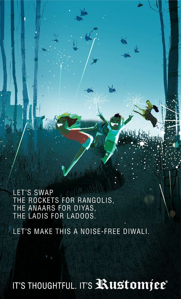Diwali creative ad: Illustrated children and a dog running downhill with sparklers at dusk