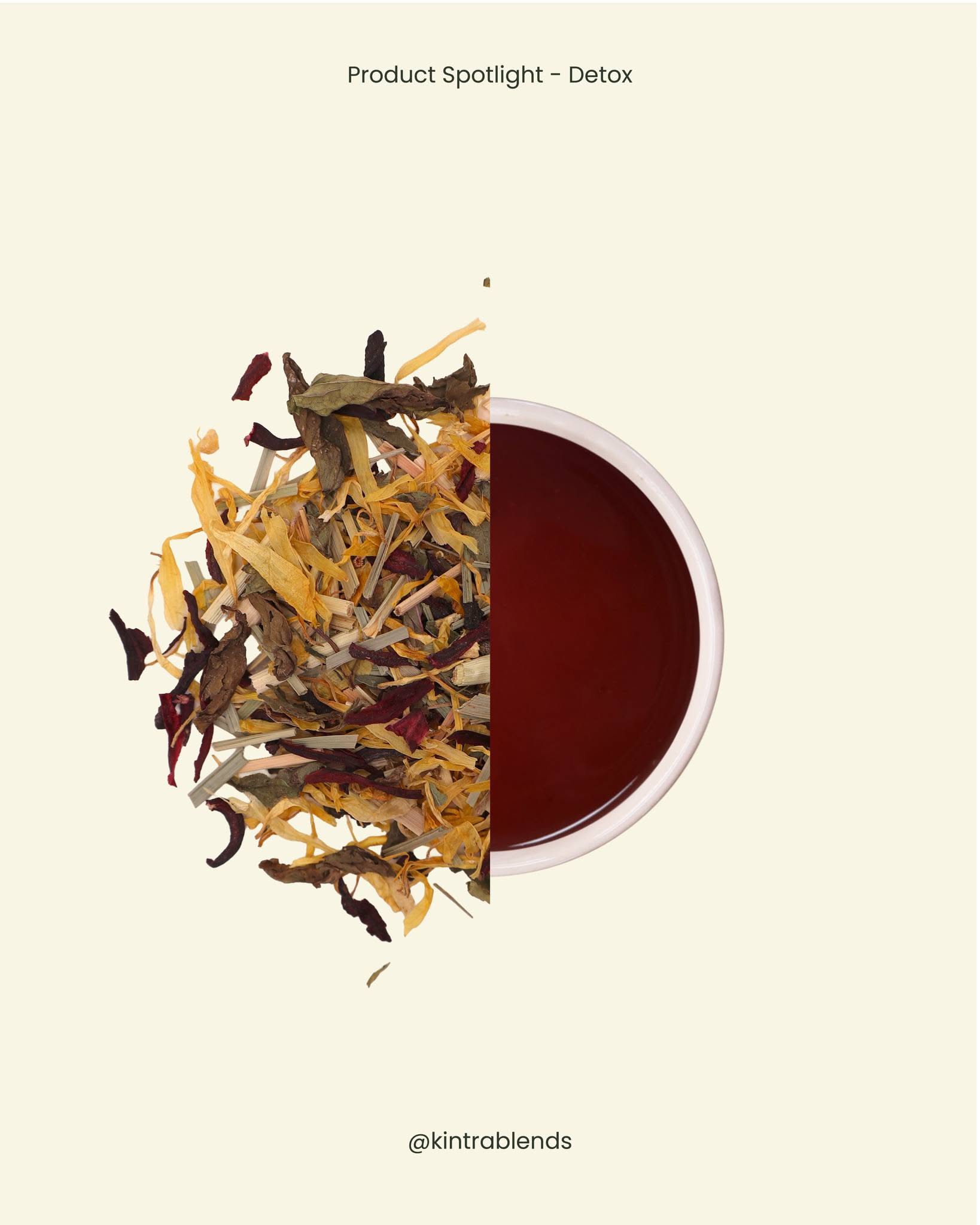 Instagram post: Split leaves-to-brewed-cup half composition, slide 1